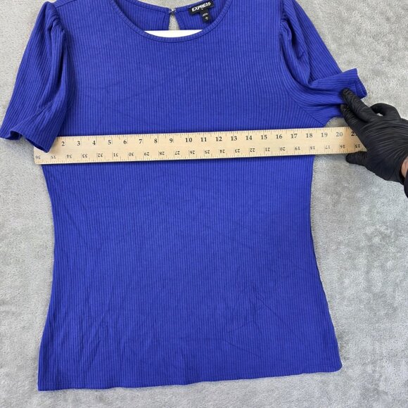 Express Shirt Womens Large Blue Ribbed Short Sleeve Puff Shoulder Stretch Rayon - Picture 5 of 11